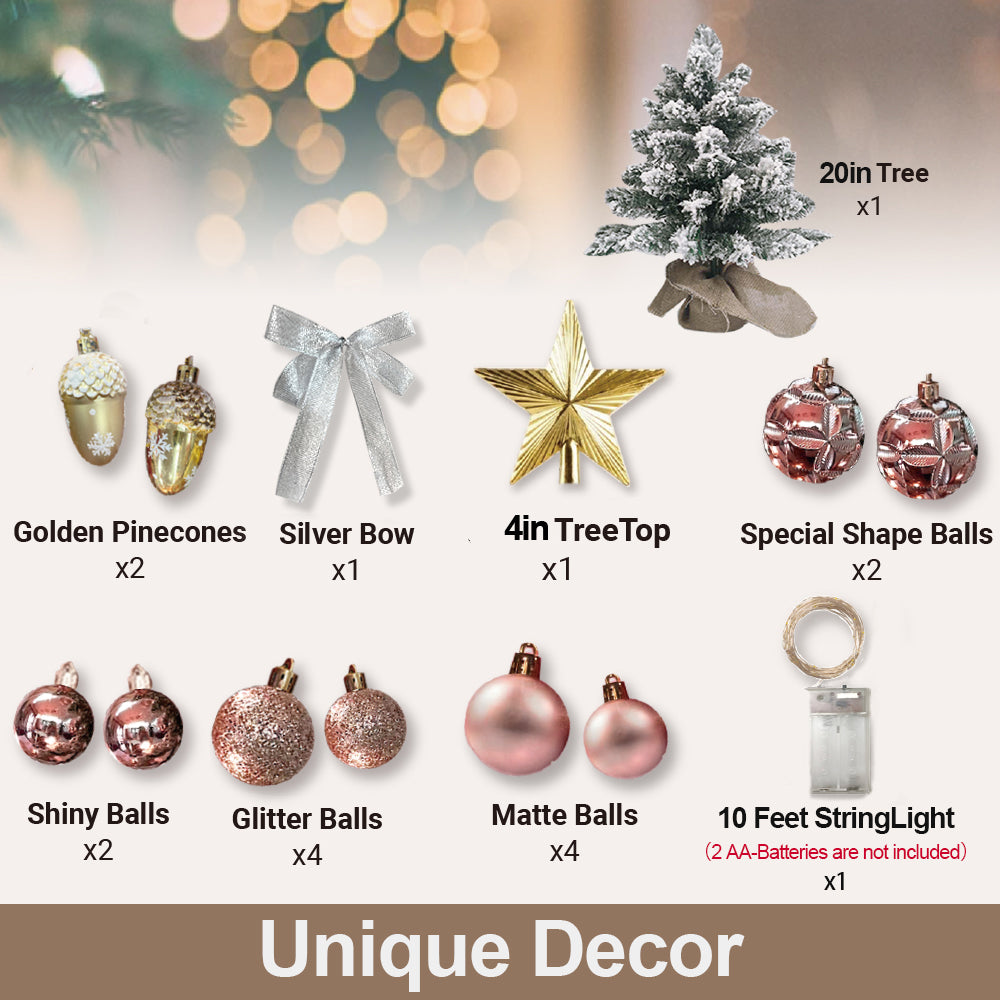 2Ft Mini Christmas Tree with Light Artificial Small Tabletop Christmas Decoration with Flocked Snow, Exquisite Decor & Xmas Ornaments for Table Top for Home & Office, Rose Gold