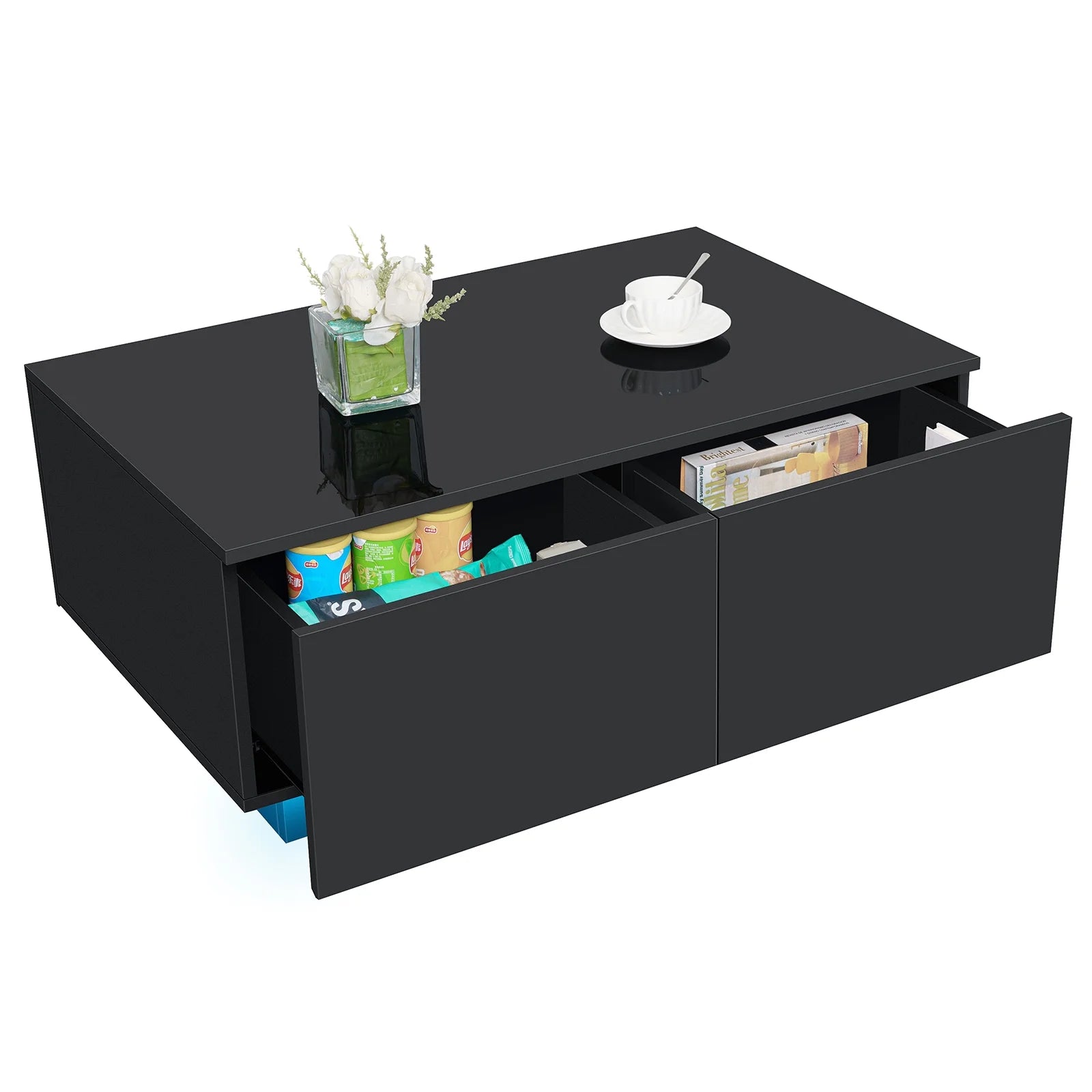 Coffee Table with 4 Drawers LED Center Table Sofa Side Tea Tables Black High Gloss Finish